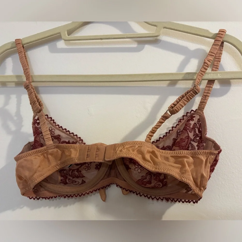 Etam Paris Lace Underwire Bra 34C Burgundy Tan Sheer Embroidered Bow